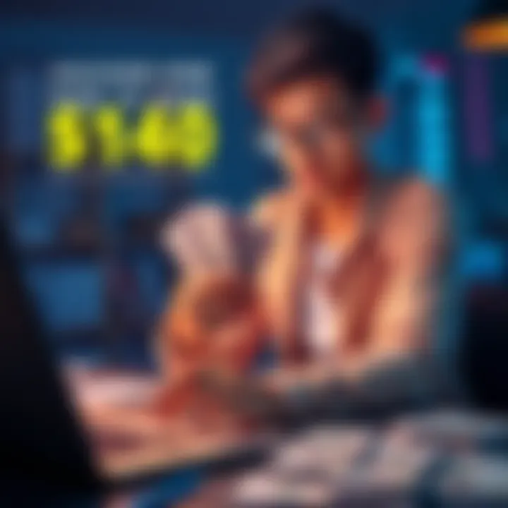 Individual sitting at a desk counting cash and looking at a laptop