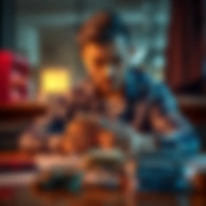 A person sitting at a table, counting cash and looking focused on financial planning.