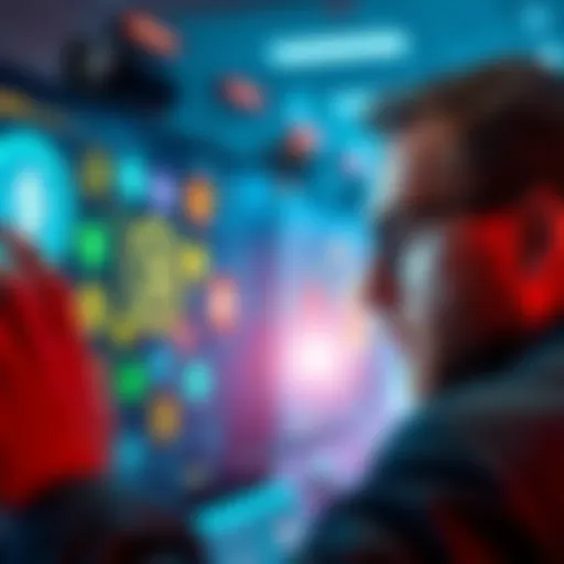 A person looking closely at various cryptocurrency symbols on a screen, symbolizing caution against scams