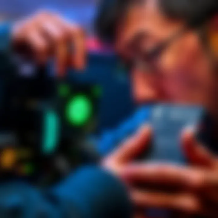 Person examining miner from AliExpress A person looking closely at a cryptocurrency miner purchased from AliExpress, showing the product details and packaging.