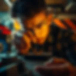 A person looking closely at an old USB drive found in a garage, contemplating checking its bitcoin wallet information.
