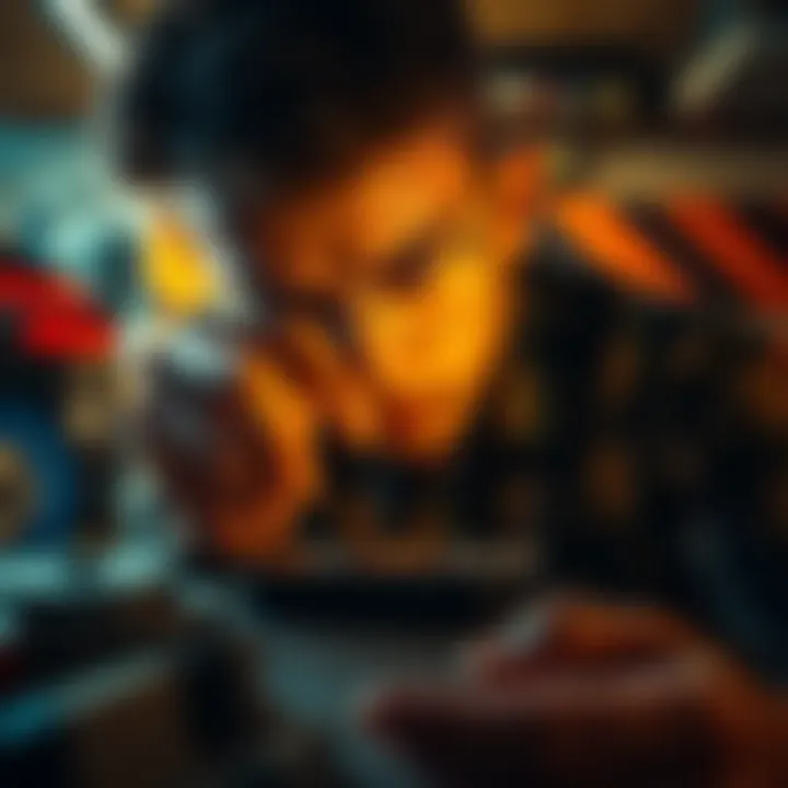 A person looking closely at an old USB drive found in a garage, contemplating checking its bitcoin wallet information.