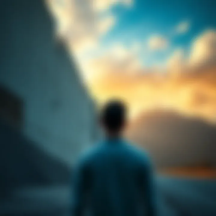 A person looking at a large wall, symbolizing obstacles in life. They appear determined to find a way over it.