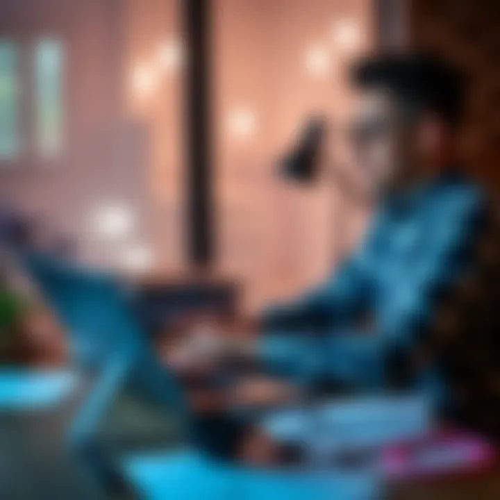A person sitting at a desk, focused on filling out an online survey form, with a laptop and papers around them.