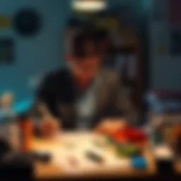 A person brainstorming solutions while sitting at a cluttered table with tools and notes, illustrating life without financial resources.