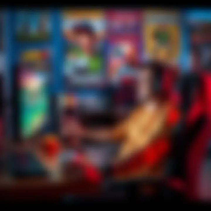 Someone happily playing a video game on a computer, surrounded by game posters and snacks