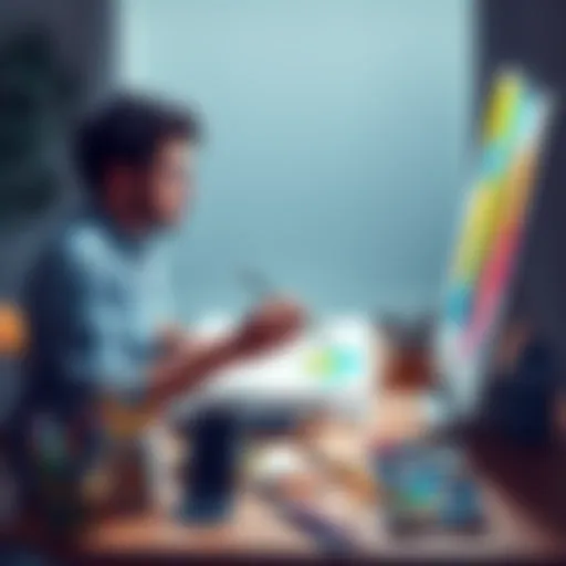 A person sitting at a table painting, showing focus and energy, with art supplies scattered around