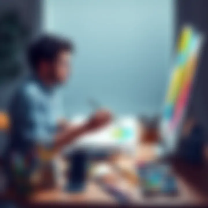 A person sitting at a table painting, showing focus and energy, with art supplies scattered around