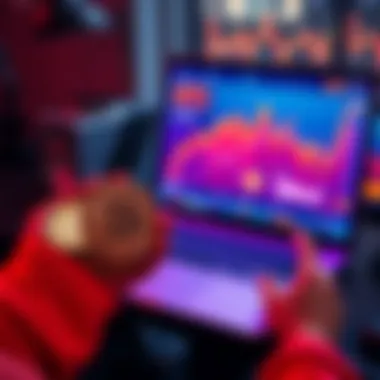 Person holding Bitcoin coins A person sitting at a desk with Bitcoin coins displayed on their laptop and a chart showing BTC trends on the screen
