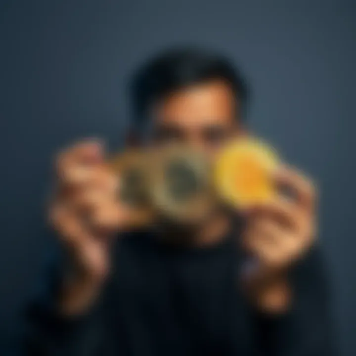 Individual showing Bitcoin symbols with a surprised expression, representing their journey of earning Bitcoin