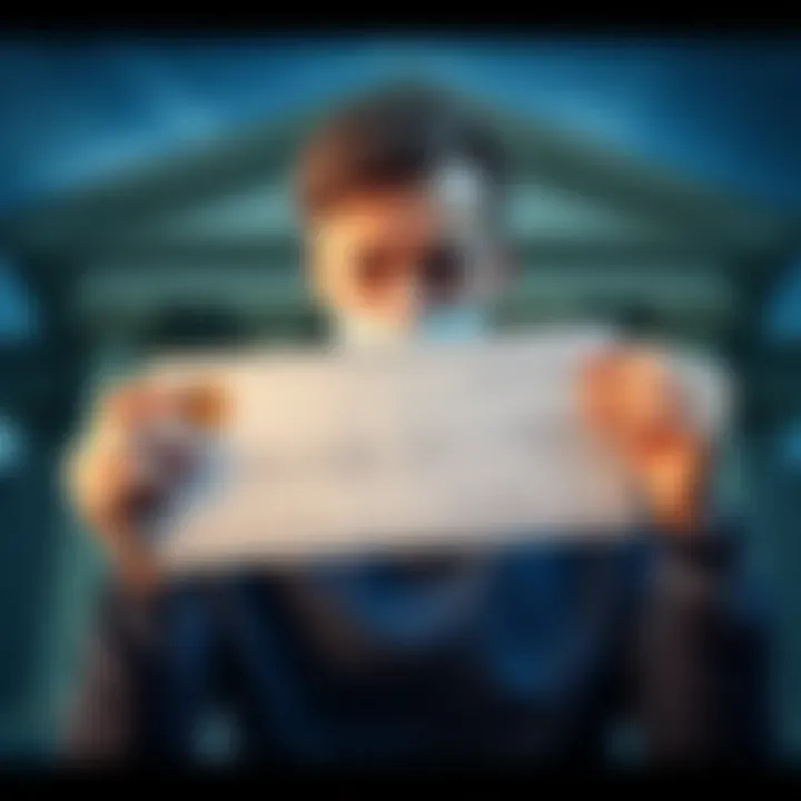 A person looks frustrated while holding a $3,500 check with a bank in the background, symbolizing banking delays