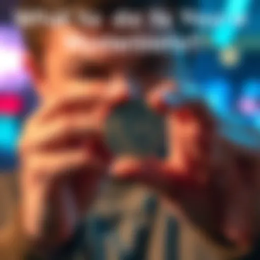 A person examining a shiny coin in their hand, looking curious about its origin and value