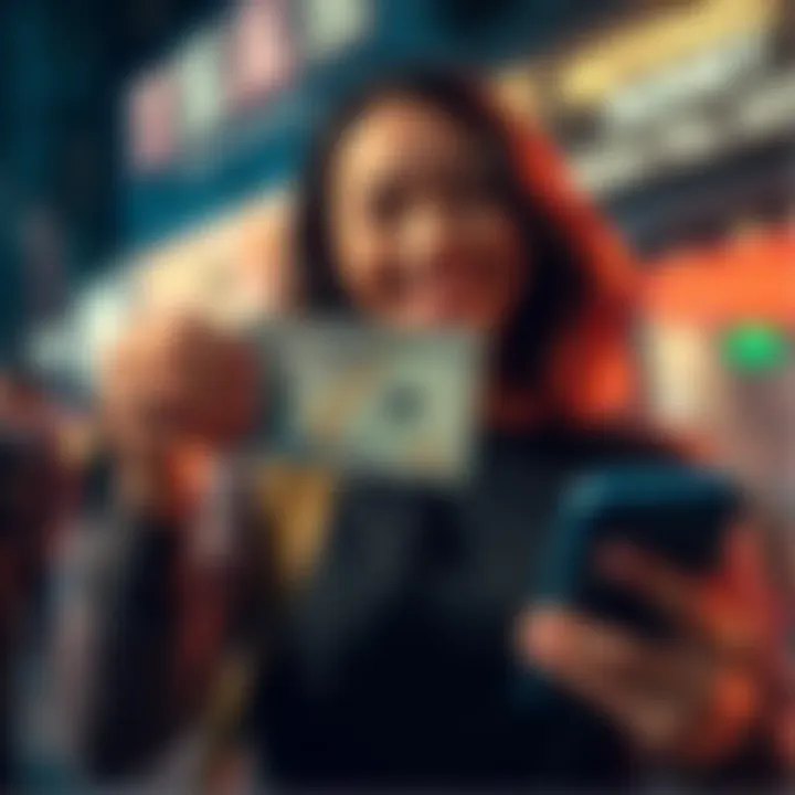 A person smiling while holding a $5 bill in one hand and a phone in the other, symbolizing a reward for reporting.