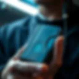 Close-up of a person holding a Trezor cold wallet with a Bitcoin logo