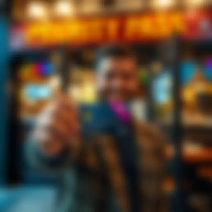 Person holding an Ultra Card in front of a restaurant A person smiles while showing their Ultra Card at a restaurant entrance, indicating potential Priority Pass benefits