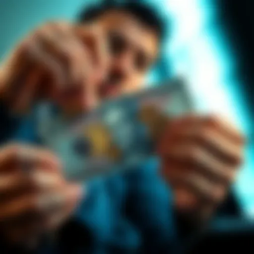 A person is holding a 50 USDG note while looking at various cryptocurrency coins, contemplating investment options.