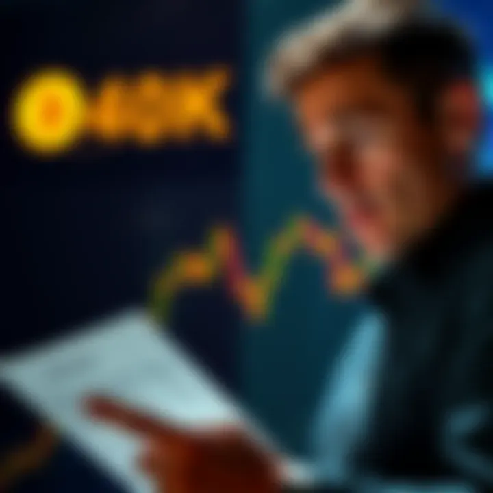 A person looking at a Bitcoin chart while holding a loan document, showing a mix of excitement and concern.