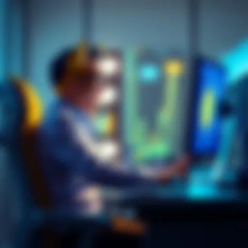 A person sitting at a desk, looking at a computer screen with Dogecoin graphics, showing excitement about cryptocurrency investment