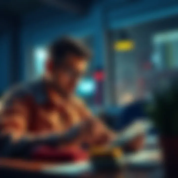 A person calculates finances while contemplating a loan to invest in ADA cryptocurrency, showing determination and focus.