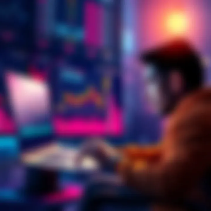 Individual with a laptop looking at cryptocurrency charts, symbolizing investment in Kaspa community