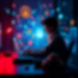 A person sitting at a desk with a laptop, surrounded by floating digital icons representing online activity and privacy concerns