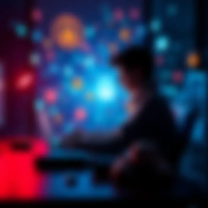 A person sitting at a desk with a laptop, surrounded by floating digital icons representing online activity and privacy concerns