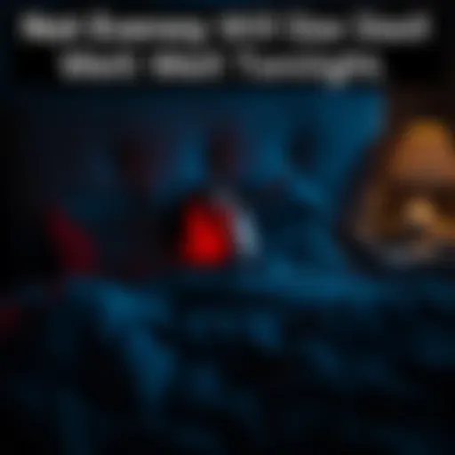 A person with a worried expression lying in bed at night, surrounded by dark shadows and a dimly lit room, showing signs of anxiety and sleeplessness.
