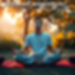 An individual sitting cross-legged on a mat, eyes closed in meditation, surrounded by soothing nature, embodying peace and tranquility.
