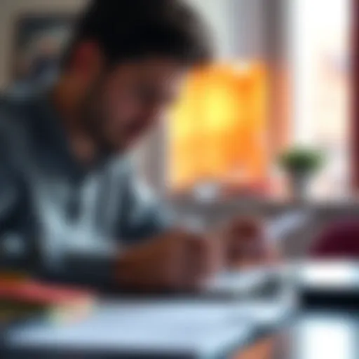 A person writing down goals and plans in a notebook with a focused expression