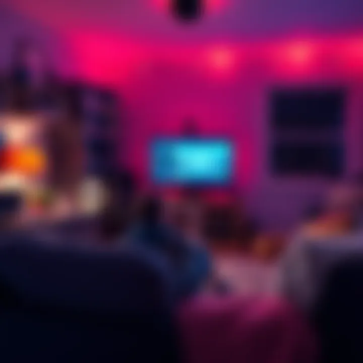 A person sitting in a cozy room, enjoying a video game on a large screen with snacks nearby, surrounded by gaming gear