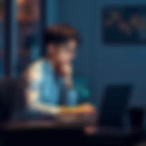 Young person sitting at a desk, looking thoughtfully at a laptop showing Bitcoin graphs