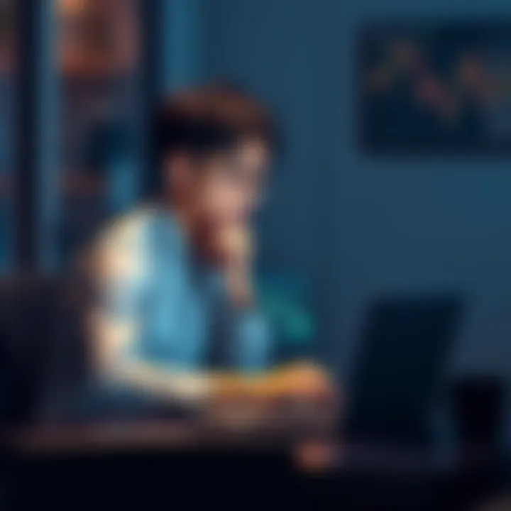 Person pondering investment Young person sitting at a desk, looking thoughtfully at a laptop showing Bitcoin graphs