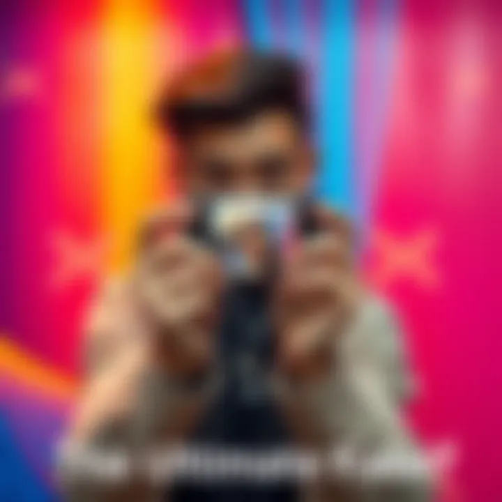 A person poses in front of a colorful background, holding a phone showing a heavily edited Instagram post, questioning authenticity, with a skeptical expression.