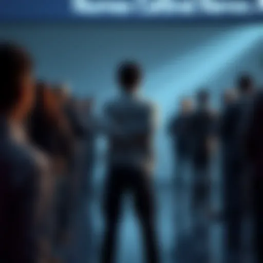 A person standing with crossed arms, looking thoughtfully at a group of people following instructions, symbolizing critical thinking and challenging norms.