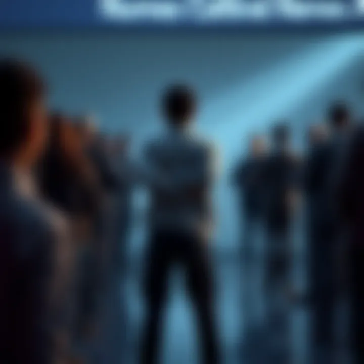 A person standing with crossed arms, looking thoughtfully at a group of people following instructions, symbolizing critical thinking and challenging norms.