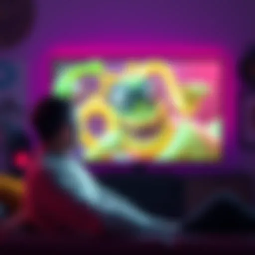 A person sitting in surprise, watching a screen showing Slime Sir looking angry, with bright colors in the background