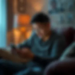 Person reading news on a smartphone A person sitting on a couch, focused on reading weekend news updates on their smartphone, with a thoughtful expression.