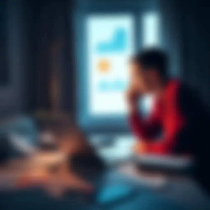 A person sits at a table with a laptop and papers, looking contemplative about past crypto investments, surrounded by charts and graphs.