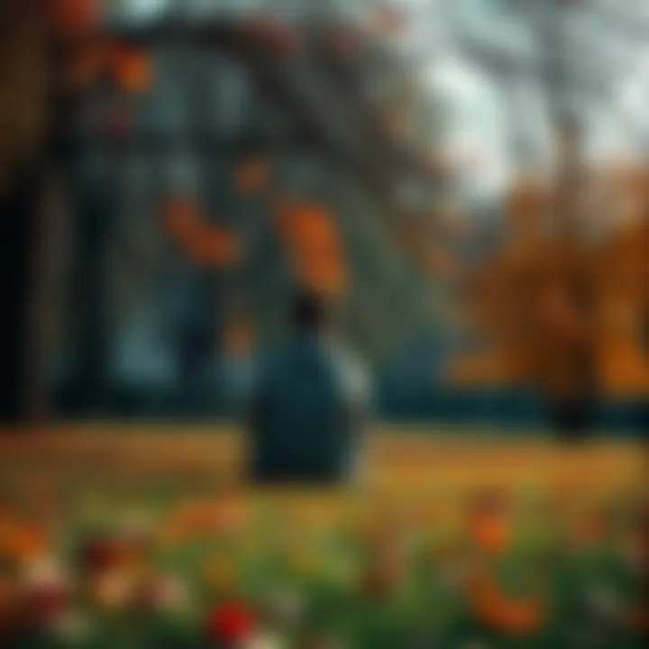 Individual sitting alone in a park, deep in thought, surrounded by autumn leaves, representing life's struggles and emotional growth.