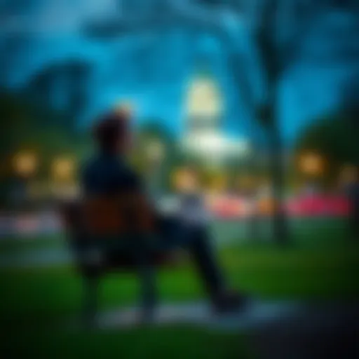 A person sitting on a park bench, looking contemplative with a distant gaze, representing struggles with self-doubt and the journey to overcome it.