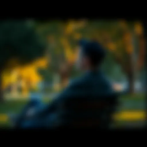 A person sitting on a park bench, looking thoughtful. Trees surround them, suggesting a peaceful environment for reflection.