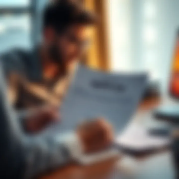 A person looking at a 1099 DA tax form on a desk with a calculator and notepad nearby