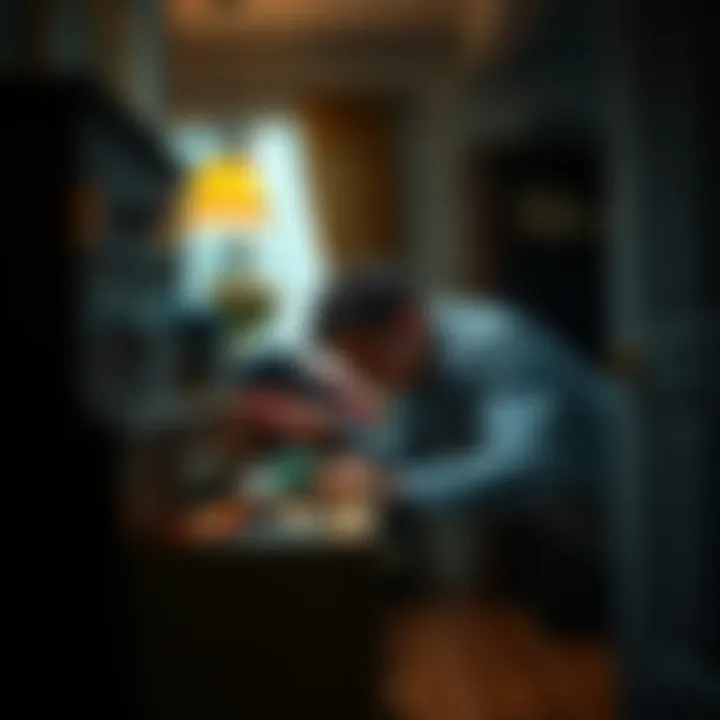 A concerned individual searching through drawers for lost belongings in a home setting