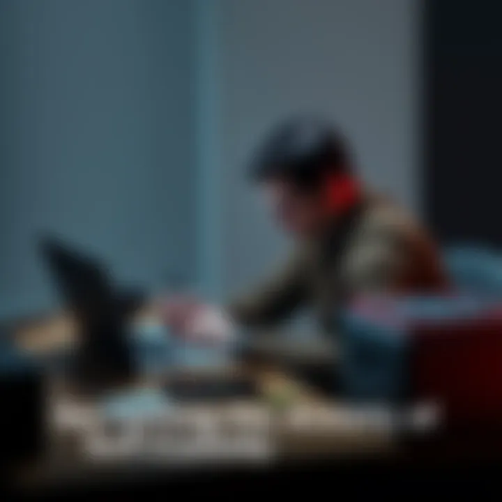 Person securing bitcoin seed phrases A person sitting at a desk, looking focused while writing down bitcoin seed phrases on a notepad. The scene includes a laptop and a metal backup storage nearby.