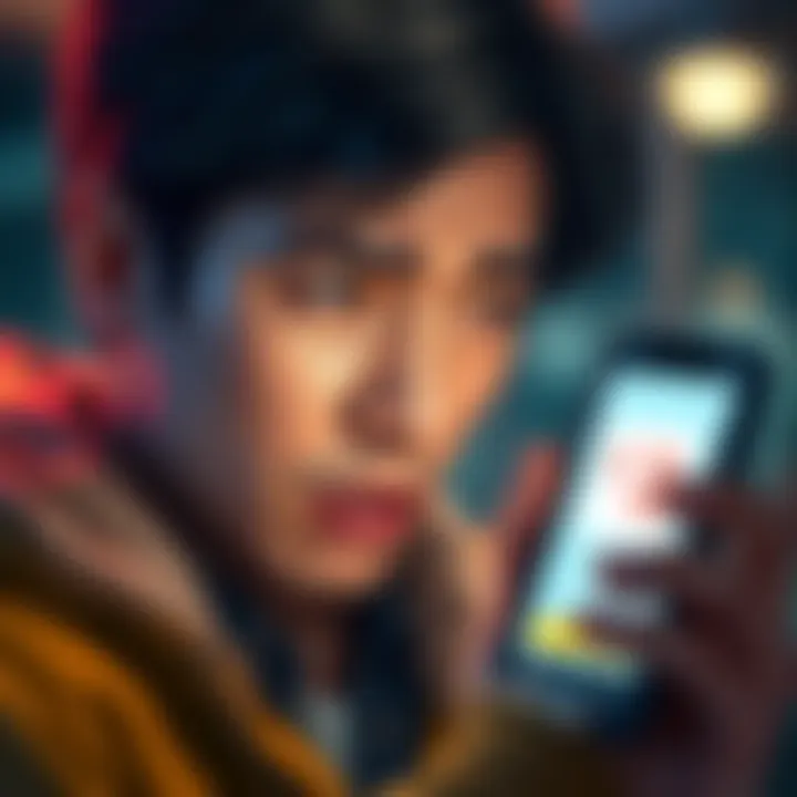 A person looking at their phone with a worried expression, showing a small amount of cash and a message about needing $2 for a withdrawal.