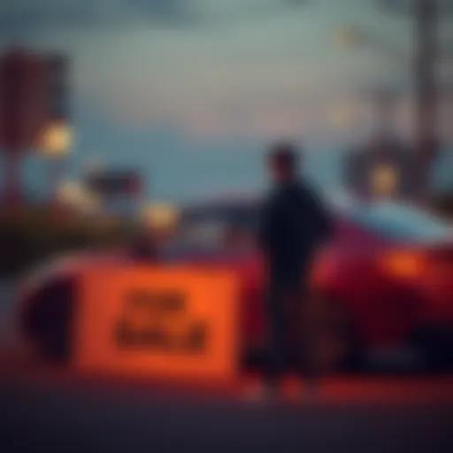 A person stands next to their car with a 'For Sale' sign, looking at a phone showing Bitcoin prices.