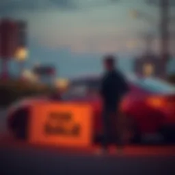 Person selling car for Bitcoin investment A person stands next to their car with a 'For Sale' sign, looking at a phone showing Bitcoin prices.