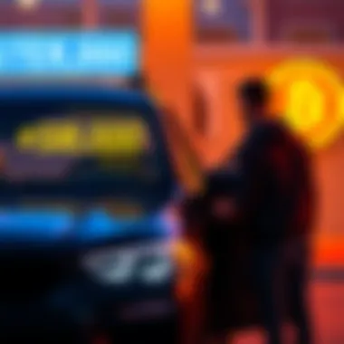 A person stands beside their car, looking at a Bitcoin symbol as they consider selling their vehicle to invest in cryptocurrency, with a price tag of $81,000 in the background.