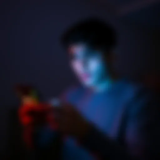 A person looking worried while checking cryptocurrency values on a smartphone in a dark room