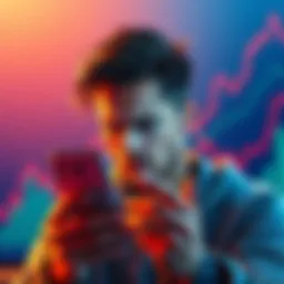 A person looking at their phone with a concerned expression after selling Ethereum coins as prices rise on a graph behind them.